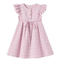 Ugitopi Kleines Mädchen Flatterärmel Baumwoll-Leinen Kleid Kleinkind Kinder Doppelte Rüschen Freizeitkleider (Plaid Dusty Rose 100) von Ugitopi