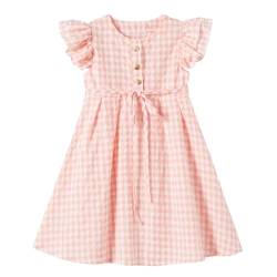 Ugitopi Kleines Mädchen Flatterärmel Baumwoll-Leinen Kleid Kleinkind Kinder Doppelte Rüschen Freizeitkleider (Plaid Pink 100) von Ugitopi