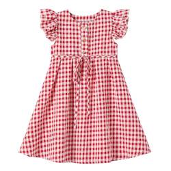 Ugitopi Kleines Mädchen Flatterärmel Baumwoll-Leinen Kleid Kleinkind Kinder Doppelte Rüschen Freizeitkleider (Plaid Red 90) von Ugitopi