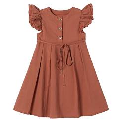 Ugitopi Kleines Mädchen Flatterärmel Baumwoll-Leinen Kleid Kleinkind Kinder Doppelte Rüschen Freizeitkleider Caramel 130 von Ugitopi