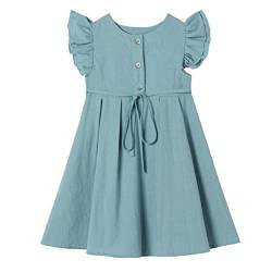 Ugitopi Kleines Mädchen Flatterärmel Baumwoll-Leinen Kleid Kleinkind Kinder Doppelte Rüschen Freizeitkleider Dusty Blue 100 von Ugitopi