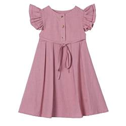 Ugitopi Kleines Mädchen Flatterärmel Baumwoll-Leinen Kleid Kleinkind Kinder Doppelte Rüschen Freizeitkleider Dusty Rose 110 von Ugitopi