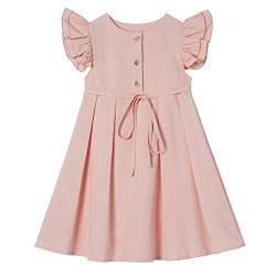 Ugitopi Kleines Mädchen Flatterärmel Baumwoll-Leinen Kleid Kleinkind Kinder Doppelte Rüschen Freizeitkleider Pink 100 von Ugitopi