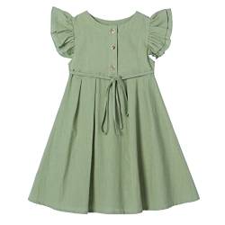 Ugitopi Kleines Mädchen Flatterärmel Baumwoll-Leinen Kleid Kleinkind Kinder Doppelte Rüschen Freizeitkleider Sage Green 100 von Ugitopi