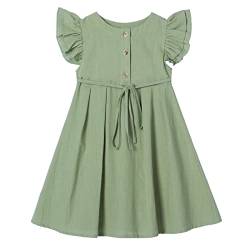 Ugitopi Kleines Mädchen Flatterärmel Baumwoll-Leinen Kleid Kleinkind Kinder Doppelte Rüschen Freizeitkleider Sage Green 130 von Ugitopi