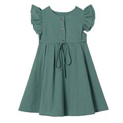 Ugitopi Kleines Mädchen Flatterärmel Baumwoll-Leinen Kleid Kleinkind Kinder Doppelte Rüschen Freizeitkleider Turquoise 100 von Ugitopi
