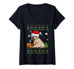 Damen Lustiger Mops-Liebhaber, niedlicher Mops, Weihnachtsmann-Mütze, hässlicher Weihnachtspullover T-Shirt mit V-Ausschnitt von Ugly Christmas Sweater