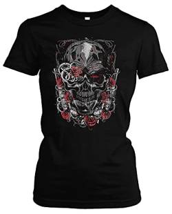 Flower Skull Damen Girlie T-Shirt | Totenkopf Schädel Old Skull Vintage Look Tattoo Blumen | Schwarz (XXL) von Uglyshirt89