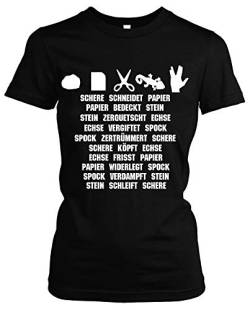 Stein, Papier, Schere, Echse, Spock Damen Girlie T-Shirt | Big Bang Theory Bazinga Cooper Spiel Sheldon Fun | M1 (XXL, Druck: Weiß) von Uglyshirt89