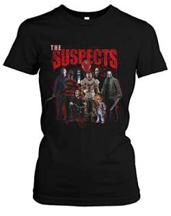 The Suspects Damen Girlie T-Shirt | Horror Shirt Damen - Jason Voorhees Tshirt - Halloween Shirt Damen - Es Tshirt Pennywise - Michael Myers Tshirt Damen (M) von Uglyshirt89