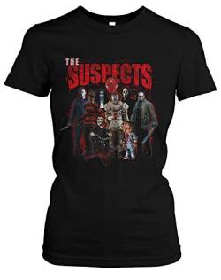 The Suspects Damen Girlie T-Shirt | Horror Shirt Damen - Jason Voorhees Tshirt - Halloween Shirt Damen - Es Tshirt Pennywise - Michael Myers Tshirt Damen (XL) von Uglyshirt89