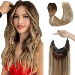 Ugrace Hair Haarverlängerung aus Echthaar, Extensions mit unsichtbarer Angelschnur, glatt, für Damen, zum Anklipsen, 35,6 cm, 70 g, Hellbraun bis Aschbraun und Wasserstoffblond, Balayage-Effekt von Ugrace Hair