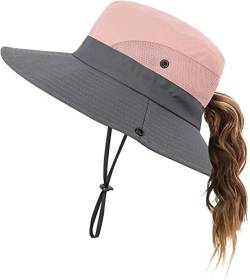 Uhky Damen Herren Sommer Sonnenhut breite Krempe Outdoor UV-Schutz Hut Faltbarer Pferdeschwanz Bucket Cap für Strand Angeln Wandern (Rosa), H016 von Uhky