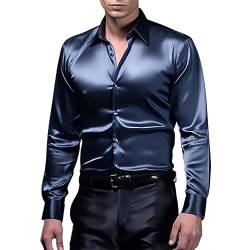 Herren Luxus Satin Kleid Hemd Glänzende Seide Langarm Button Up Shirts Hochzeit Party Abschlussball Glatt Solide Smoking Casual Slim Fit Gold Glänzend Hochzeitskleid Hemden (Navy, XL) von Uikceten