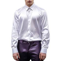 Herren Luxus Satin Kleid Hemd Glänzende Seide Langarm Button Up Shirts Hochzeit Party Abschlussball Glatt Solide Smoking Casual Slim Fit Gold Glänzend Hochzeitskleid Hemden (White, L) von Uikceten