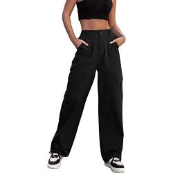 Hose Damen Lang Baggy Cargo Hosen Frauen High Waist Hosen Mit Weitem Bein Und 9 Taschens Freizeithose Cargohose Arbeitshose (Schwarz,M) von Uikceten