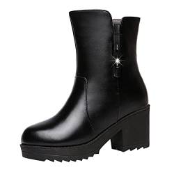 Stiefeletten Damen Boots Mode Halten Warm Winter Square Heels Zipper Mid Wadenstiefel Round Toe Schuhe Alpin-Stiefel Schwarze Kleiner Absatz Cowboystiefel (Black, 39) von Uikceten