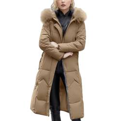 Uikceten Damen Winter Gefütterte Kleidung Einfarbig Länge Locker Jacke mit Bauschiger Pelzkragen Winddicht Bequeme Warme Daunenkleidung Windjacke Outdoorjacke Wasserdicht Atmungsaktiv (Khaki, XXXL) von Uikceten