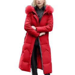 Uikceten Damen Winter Gefütterte Kleidung Einfarbig Länge Locker Jacke mit Bauschiger Pelzkragen Winddicht Bequeme Warme Daunenkleidung Windjacke Outdoorjacke Wasserdicht Atmungsaktiv (Red, XXXL) von Uikceten