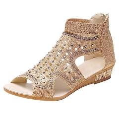 Uikceten Sandalen Keilabsatz Für Damen,Damensandalen Mit Riemchen Strass Glitzer,Riemen-Strass Flache Sandal Fischmaul Gefrostete Sommerschuhe Große Größe Sommer Schuhe (Beige,37) von Uikceten