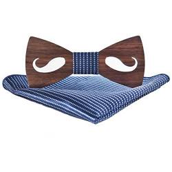 Ukerdo Hohl Holz Fliege Schleife Einstecktücher Set Schnurrbart Holz Fliegen Tuch für Herren Geburtstag Jahrestag Geschenk - Blau von Ukerdo