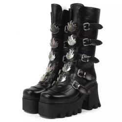 Damen-Gothic-Stiefeletten mit Plateau und Fledermausschnallen, klobige Absätze, runde Zehenpartie, Reißverschluss, Punk-Motorrad-Kampfstiefel, bequeme kurze Gothic-Stiefeletten von Ulalaza