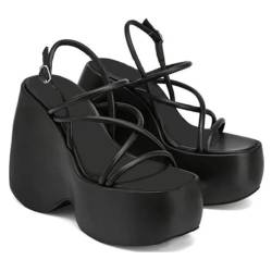 Ulalaza Damen Plateau-Mary-Jane-Sandalen mit Fledermaus-Herzkette, offener Zehenbereich, Knöchel, Gothic-Plateauschuhe, Pumps, Schuhe, klobige Plattform, Lackleder-Kleiderschuhe von Ulalaza