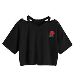 Oberteile Frauen Sommer, Ulanda Teenager Mädchen Mode Crop Top Sport V-Ausschnitt Shirt Bluse Damen Casual Rose Stickerei Kurzarm T-Shirts Hemd Tops Pullover Sale (Schwarz, XL) von Ulanda-EU Damen Oberteile