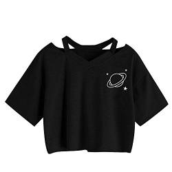 Oberteile Frauen Sommer, Ulanda Teenager Mädchen Mode Crop Top Sport V-Ausschnitt Shirt Bluse Damen Casual Rose Stickerei Kurzarm T-Shirts Hemd Tops Pullover Sale (Schwarz 2, M) von Ulanda-EU Damen Oberteile