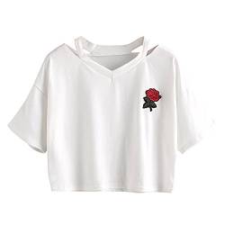 Oberteile Frauen Sommer, Ulanda Teenager Mädchen Mode Crop Top Sport V-Ausschnitt Shirt Bluse Damen Casual Rose Stickerei Kurzarm T-Shirts Hemd Tops Pullover Sale (Weiß, S) von Ulanda-EU Damen Oberteile