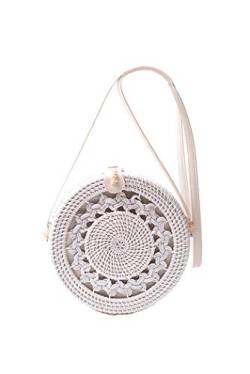 Ulisty Damen Handgefertigt Rund Hohl Geschnitzt Rattan Tasche Handgewebt Kreis Stroh Tasche Korb Sommer-Strandtasche Schultertasche Umhängetasche Weiß von Ulisty