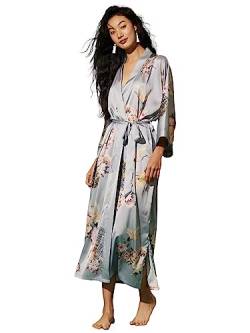 Ulivary Damen-Kimono-Bademantel mit Blumenmuster, Seide, Satin, lang, asiatischer Kranich, bedruckt, luxuriös, GRAU, Einheitsgröße von Ulivary