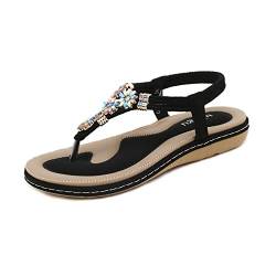 Sandalen Damen Sommer Flip Flops Bohemian Flach Zehentrenner mit Strass, 42 EU, Schwarz 197 von Ulogu