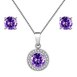 Uloveido 925 Sterling Silber Lila Amethyst Kristall Edelstein Ohrstecker und Anhänger Halskette Schmuckset für Frauen Mädchen Geburtstag FT003 von Uloveido