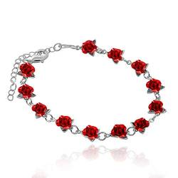 Uloveido Charm Red Flowers Armband Zubehör für Frauen, Platin Überzogene Armbänder Manschette mit 12 Stk. Rote Rosenblüten (Silberfarbe) Y452 von Uloveido