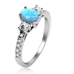 Uloveido Frauen 925 Sterling Silber 3 Steine Ring Erstellt Blau Feueropal Hochzeit Verlobungsring mit Rundschnitt Weiß CZ 2,16 g Größe 59 (18,8) JZ104 von Uloveido