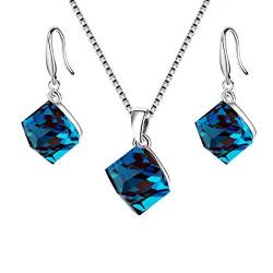 Uloveido Frauen 925 Sterling Silber Platz würfel authentisch österreichischen blauen kristall Pierce baumeln Ohrringe Choker Halskette Sets für Frauen (Box verpackung) y418-blau-set von Uloveido