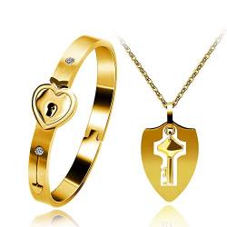 Uloveido Gold Herzschloss Armreif Armband Schild Schlüssel Anhänger Halskette Paare Schmuck Set für Valentinstag Geburtstag Weihnachtshochzeit Y473 (Gold) von Uloveido