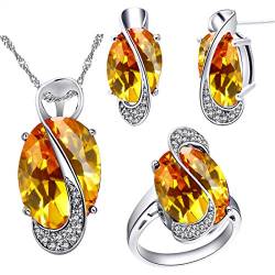 Uloveido Mädchens hübsche gelbe ovale erstellt Citrin November Birthstone Halskette Ohrringe Ringe Jubiläum Versprechen Schmuck-Set von Uloveido