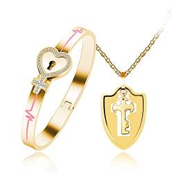 Uloveido Passende Halskette und Armreif Herzschloss und Schlüssel Zirkonia Schmuck Set aus Edelstahl für Männer und Frauen (Gold) von Uloveido