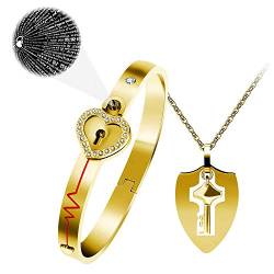 Vergoldeter Edelstahl 100 Sprachen Ich liebe dich Herzschlag Herz Armreif Armband und Schild Schlüssel Anhänger Halskette für Paare Y953 (Gold) von Uloveido