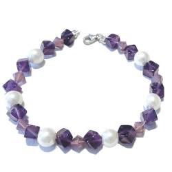 Amethyst Perlen violett weiß Designer Edelstein Armband Swarovski Längen Wahl DisplayLength 16 von Ulrike Schmitt Edelsteinkreationen