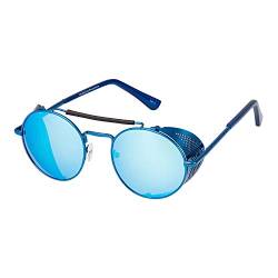 Ultra Blau mit Blauen Linsen Steampunk Tiefblende Sonnenbrille Retro Damen Herren Rundbrille Metall Gothik Kreis Cyber Cosplay Brille UV400 Unisex von UltraByEasyPeasyStore