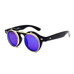 Ultra Schwarz Rahmen Blau Linsen Flip Up Ronde Steampunk Sonnenbrille Retro Frau Mann UV400 UVA Vintage Victorian Kreis Retro Sonnenbrille Steampunk Brille Sonnenbrille zum Hochklappen von UltraByEasyPeasyStore