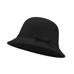 UltraKey Damen Filz Eimer Hut, verstellbare Vintage Bowler Wildleder Wollmütze mit Schleife Schwarz von UltraKey