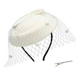 Umeepar Damen Bowknot Pillbox Fascinator Hut Hochzeit Tea Party Hüte mit Schleier Stirnband Clip (Weiß 2) von Umeepar