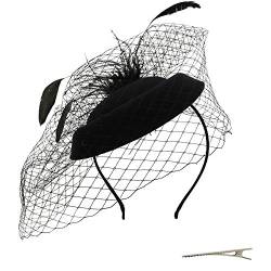 Umeepar Damen Pillbox Fascinator Hut Hochzeit Tea Party Hüte mit Federn Schleier Stirnband Clip (Schwarz) von Umeepar