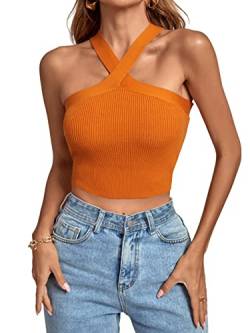 Umenlele Damen Criss Cross Neckholder Crop Top Ärmellos Rippstrick Cami Tank Tops, Orange, Klein von Umenlele