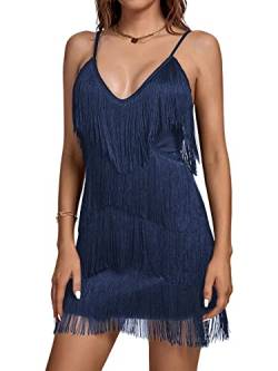 Umenlele Damen Layered Fringe Tiefer V-Ausschnitt Cami Minikleid Ärmellos Quasten Flapper Kleider, Marineblau, Klein von Umenlele