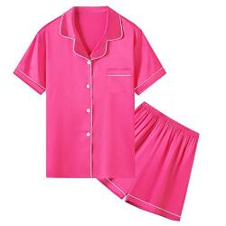 Umeyda Damen & Mädchen Satin Schlafanzug, weiche Seide Button Down Nachtwäsche 2-teiliges Pyjama-Set, Geschenke für Mama/Ehefrau, Muttertag, Knallpink (Hot Pink), XS von Umeyda